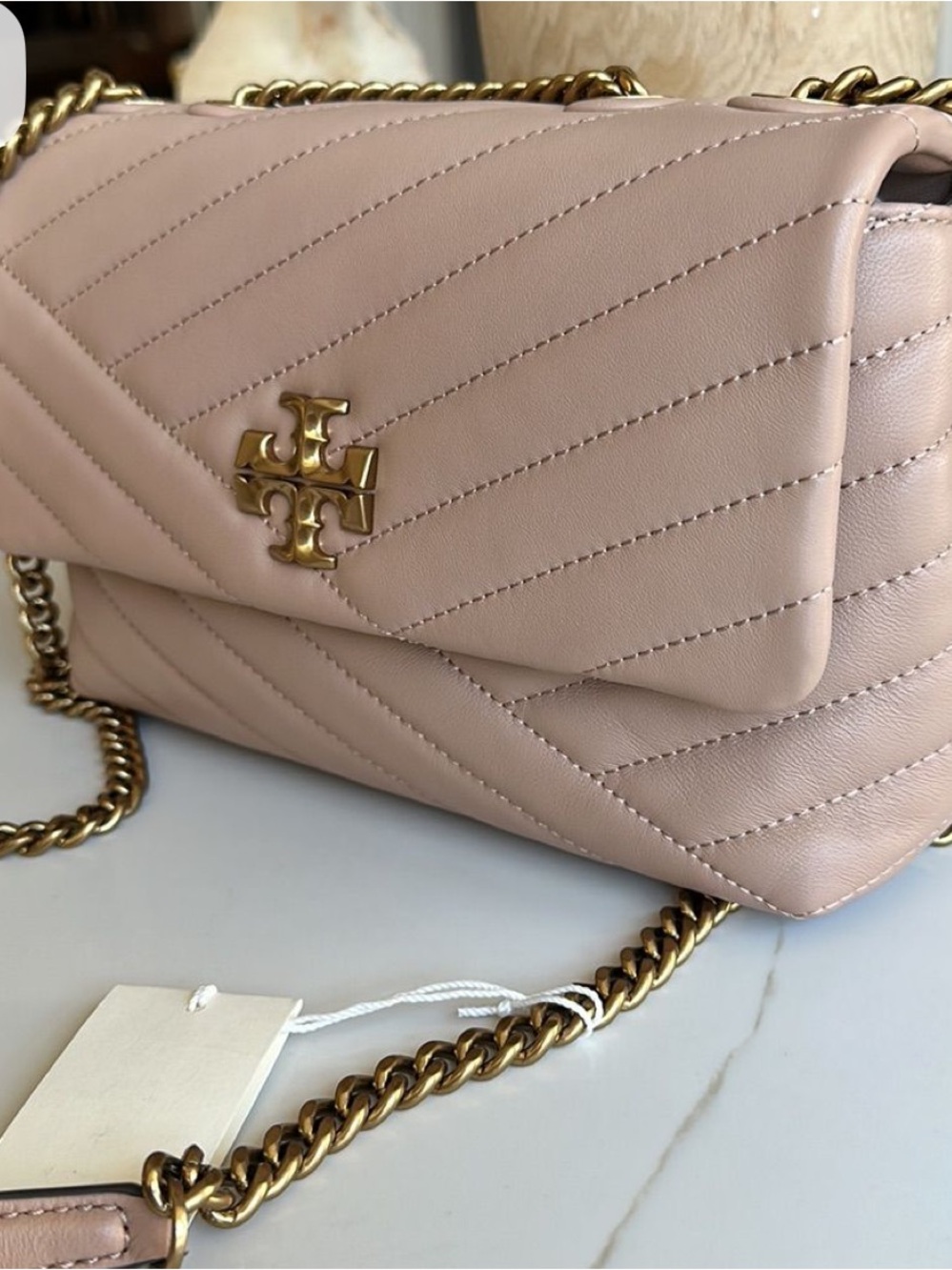 Tory Burch Pale Pink Quilted Crossbody with Gold Chain